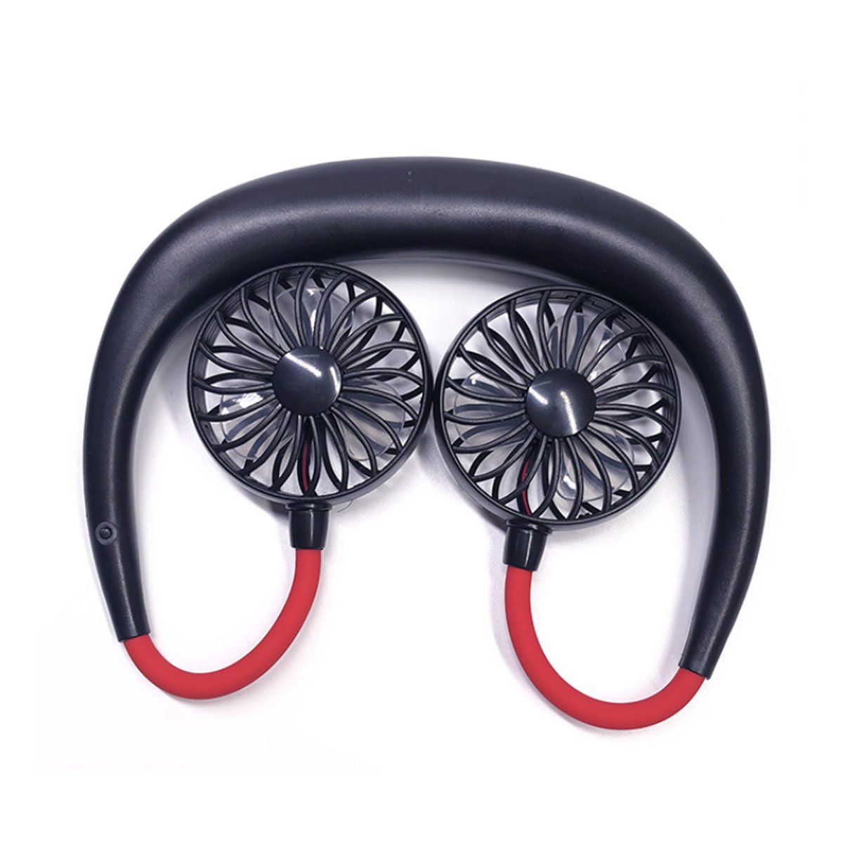 Beat The Heat Double Cool Cordless Breezy Mini Collar Fan worn around the neck, showcasing its sleek design and vibrant colors.