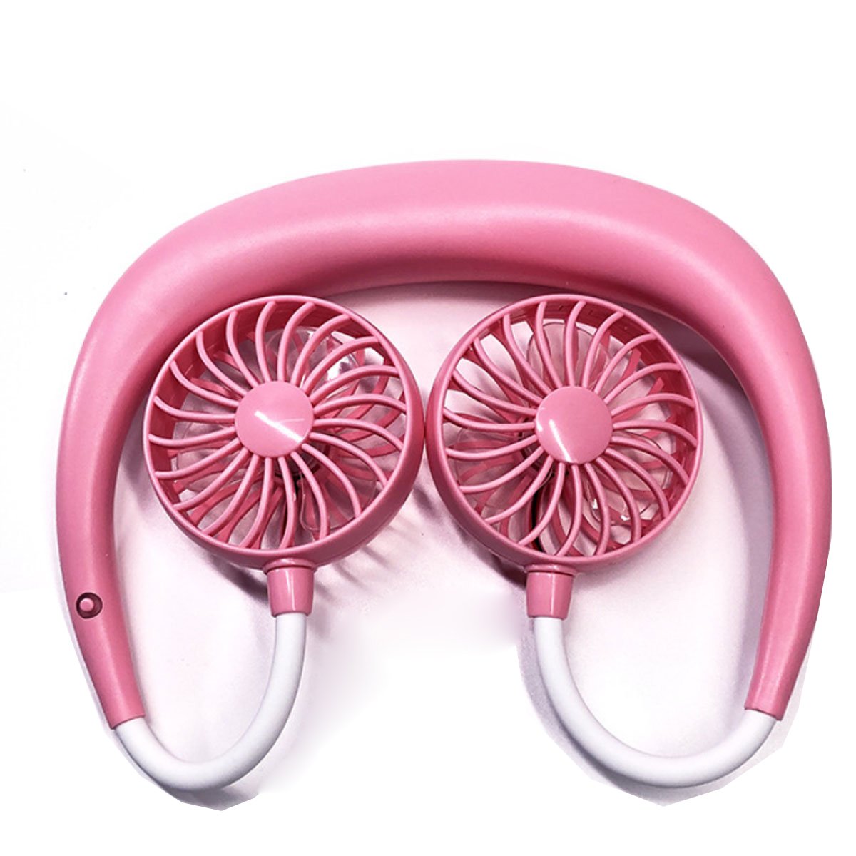 Beat The Heat Double Cool Cordless Breezy Mini Collar Fan worn around the neck, showcasing its sleek design and vibrant colors.