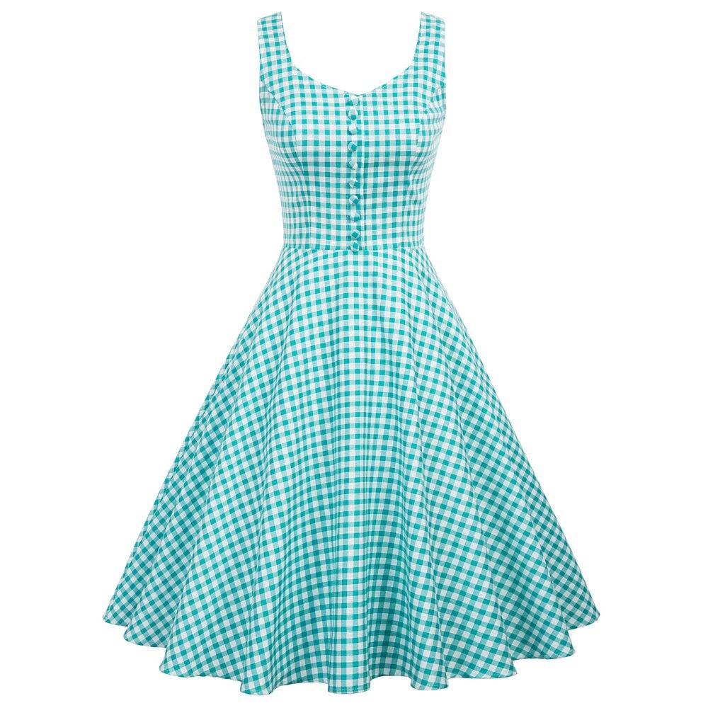 Belle Poque Cotton Dress featuring a sleeveless V-neck design with buttons and a grid plaid pattern, perfect for summer wear.