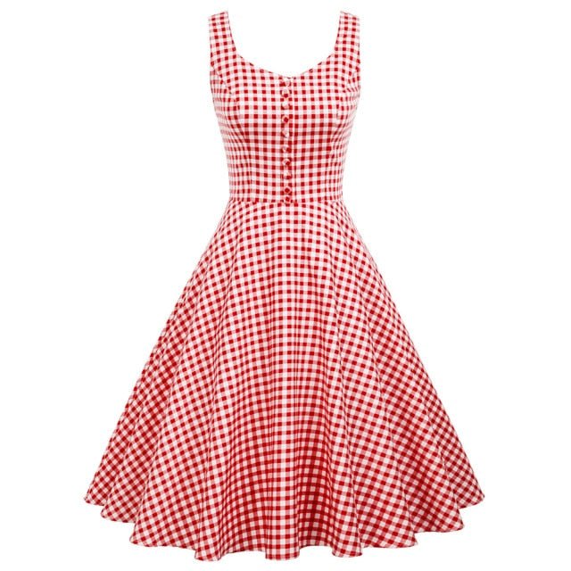 Belle Poque Cotton Dress featuring a sleeveless V-neck design with buttons and a grid plaid pattern, perfect for summer wear.