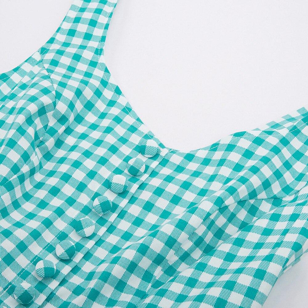 Belle Poque Cotton Dress featuring a sleeveless V-neck design with buttons and a grid plaid pattern, perfect for summer wear.