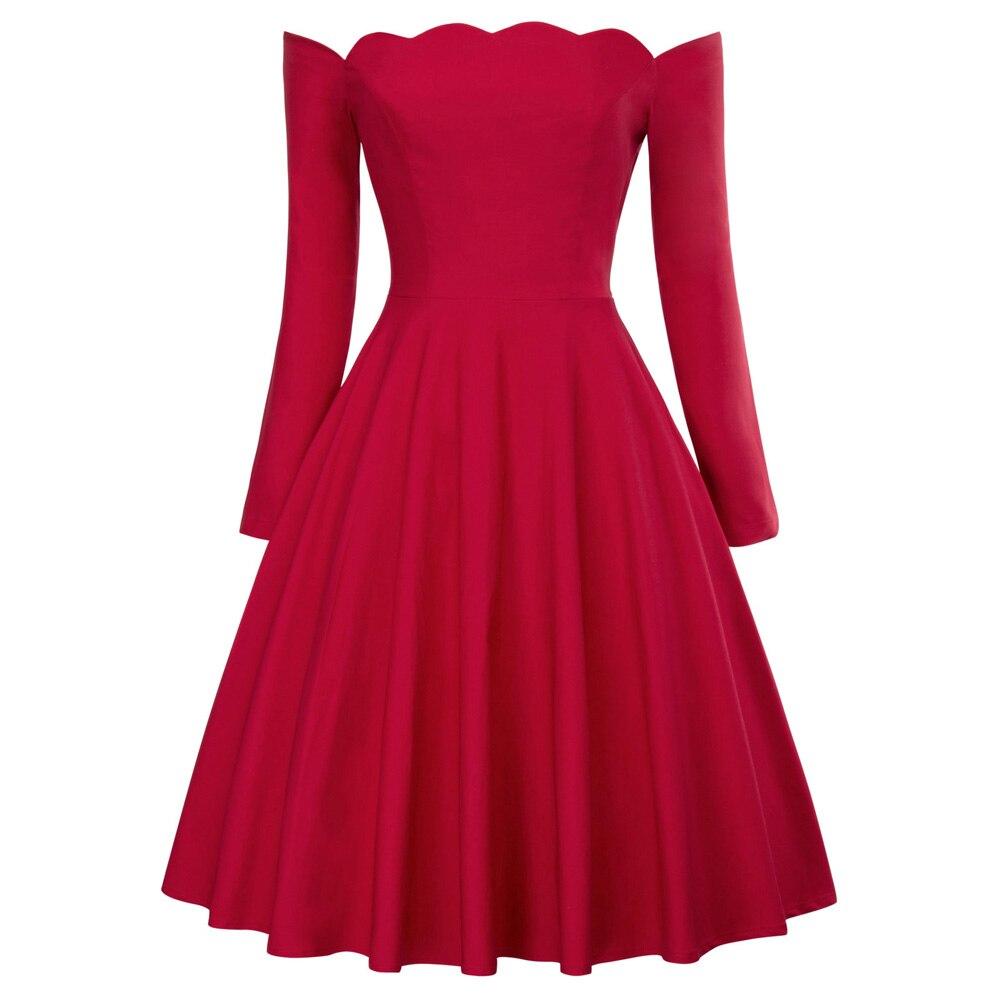 Belle Poque Retro Sexy Long Sleeve Off Shoulder Flared Dress in solid color, featuring a knee-length A-line silhouette and elegant off-shoulder neckline.