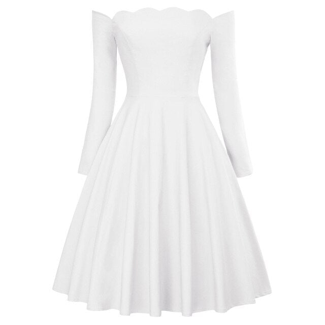 Belle Poque Retro Sexy Long Sleeve Off Shoulder Flared Dress in solid color, featuring a knee-length A-line silhouette and elegant off-shoulder neckline.