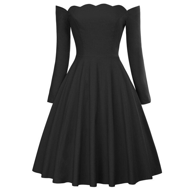 Belle Poque Retro Sexy Long Sleeve Off Shoulder Flared Dress in solid color, featuring a knee-length A-line silhouette and elegant off-shoulder neckline.