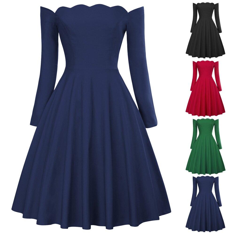 Belle Poque Retro Sexy Long Sleeve Off Shoulder Flared Dress in solid color, featuring a knee-length A-line silhouette and elegant off-shoulder neckline.