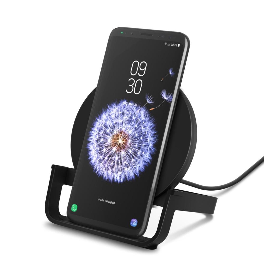 Belkin Boost Charge Wireless 10W Charging Stand in black, designed for Qi-enabled devices, showcasing its sleek design and LED indicators.
