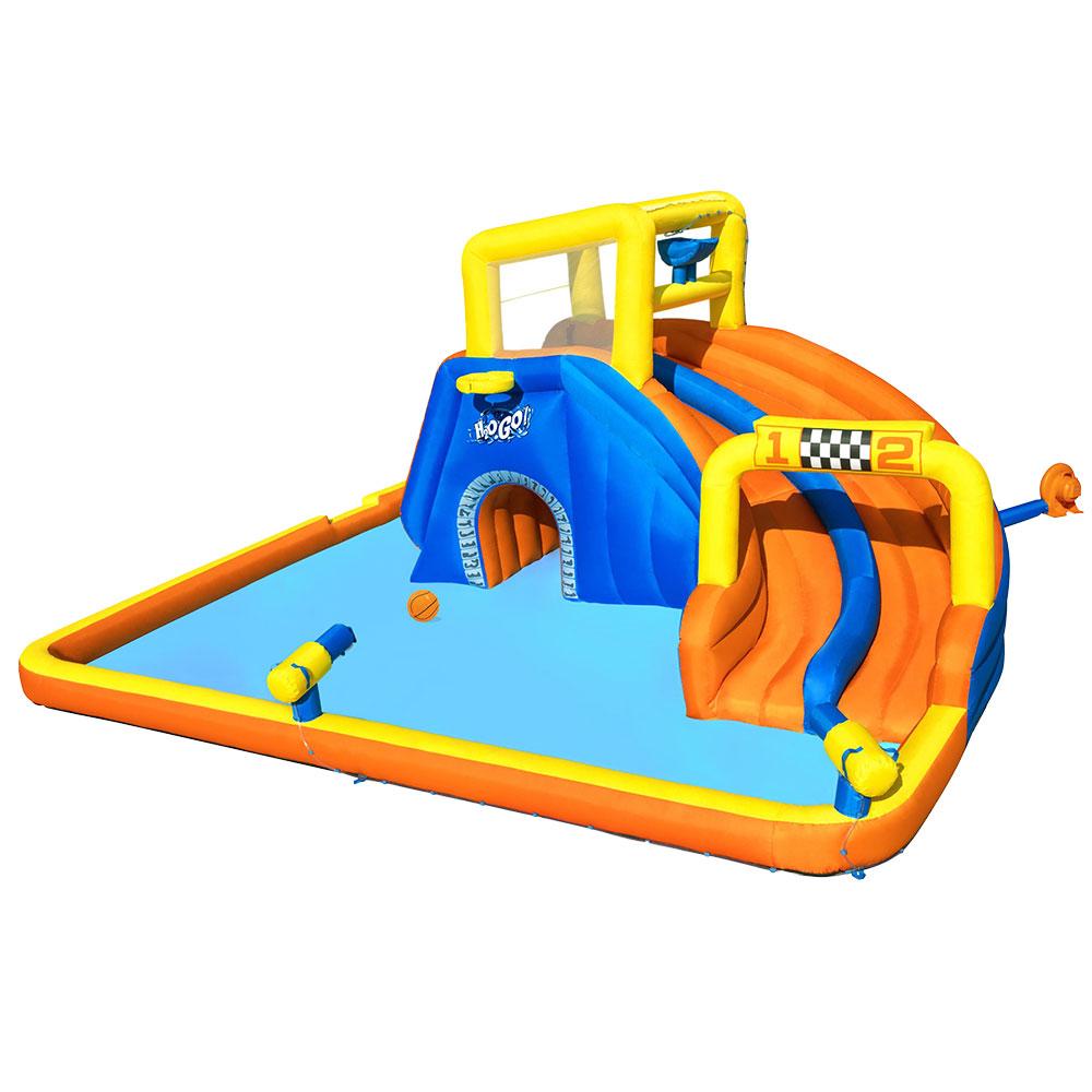 Bestway Inflatable Water Slide Jumping Castle with double slides and splash pool, featuring colorful design and kids playing.