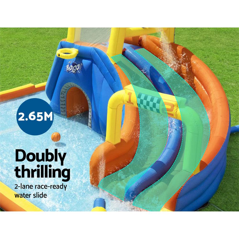 Bestway Inflatable Water Slide Jumping Castle with double slides and splash pool, featuring colorful design and kids playing.