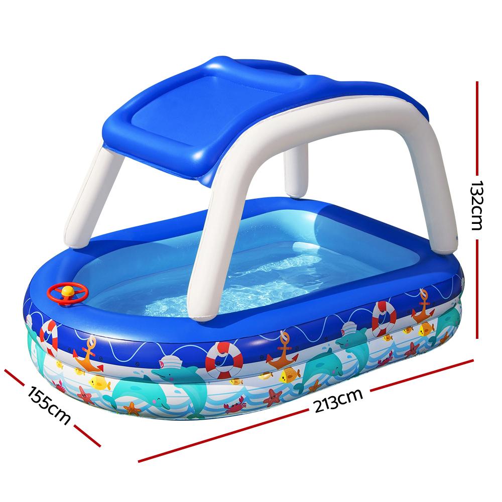 Bestway Sea Captain Family Pool with removable canopy and built-in steering wheel, perfect for kids' summer fun.