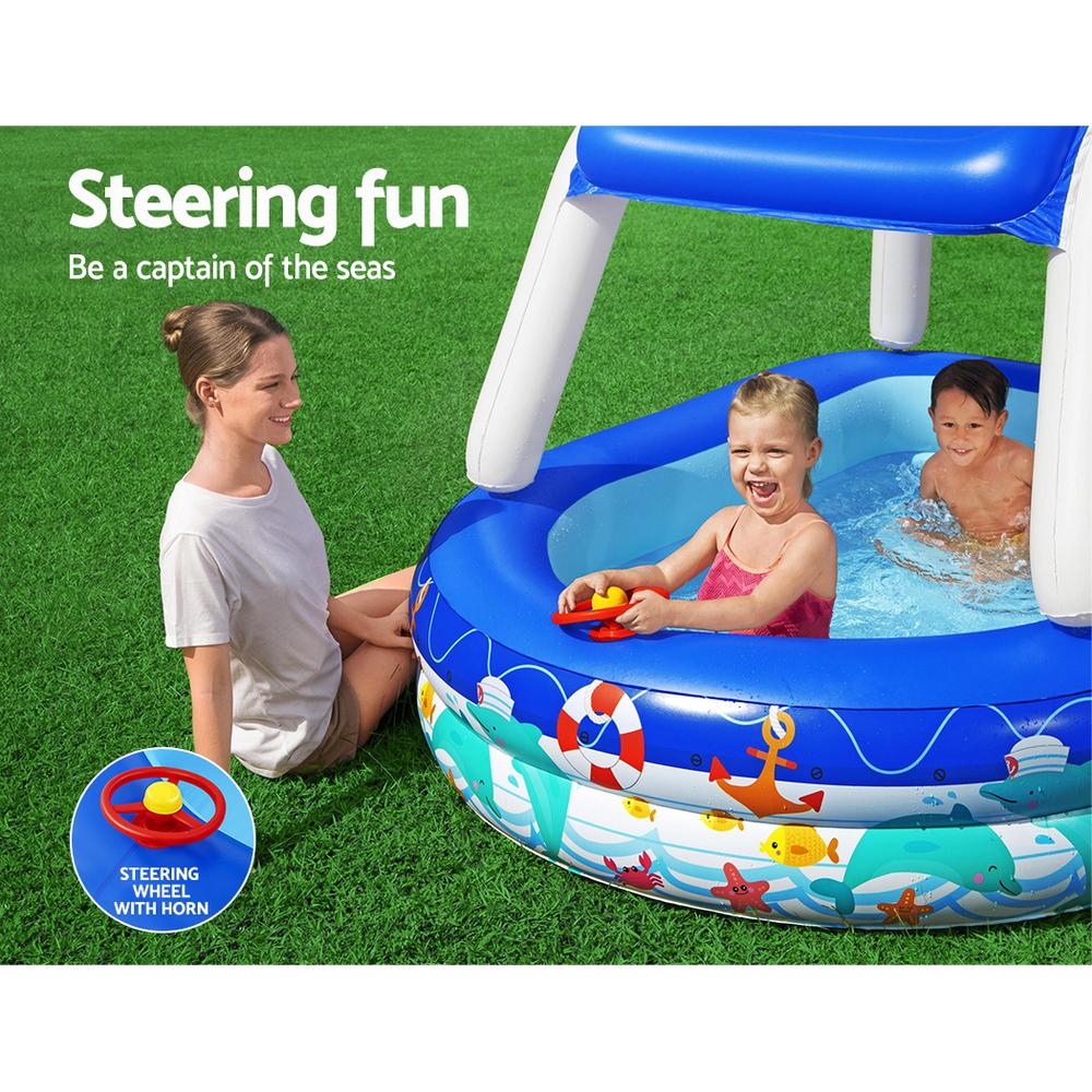 Bestway Sea Captain Family Pool with removable canopy and built-in steering wheel, perfect for kids' summer fun.