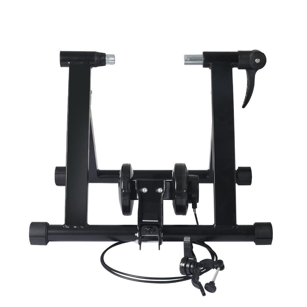 Indoor Bicycle Trainer Stand with heavy-duty steel frame and adjustable footpads, designed for bikes with 26” to 28” wheels.