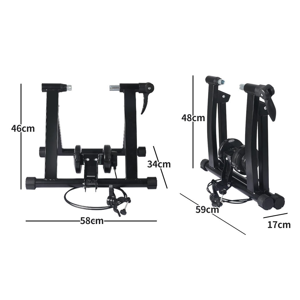 Indoor Bicycle Trainer Stand with heavy-duty steel frame and adjustable footpads, designed for bikes with 26” to 28” wheels.