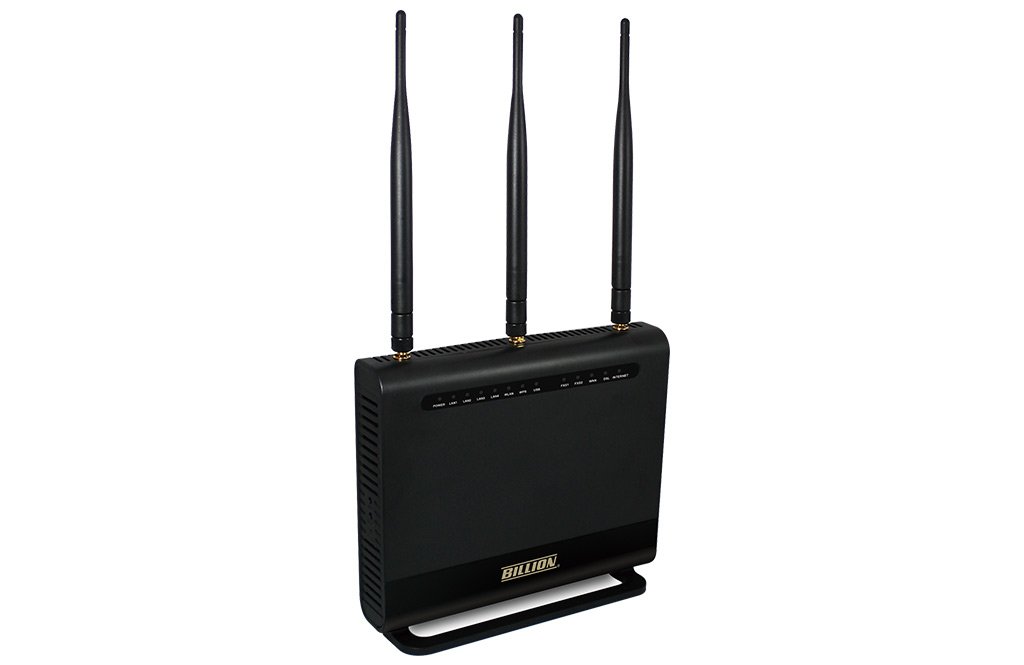 BILLION BIPAC8700VAX Triple-WAN Wireless Router with multiple ports and antennas, showcasing its sleek design and advanced technology.