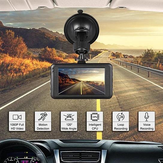 Black Box Dash Cam 1080P with G-Sensor, compact design, and wide-angle lens mounted in a car, capturing clear video footage.