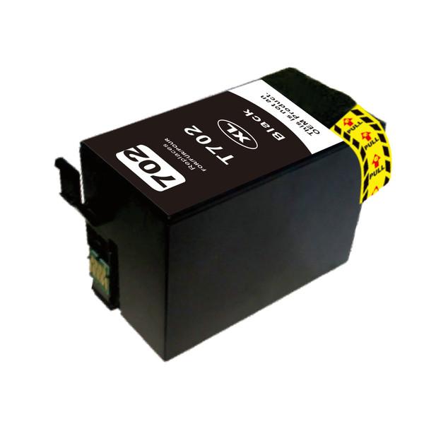 Black compatible inkjet cartridge designed for Epson 702XL printers, featuring a sleek design and high-quality ink for sharp prints.
