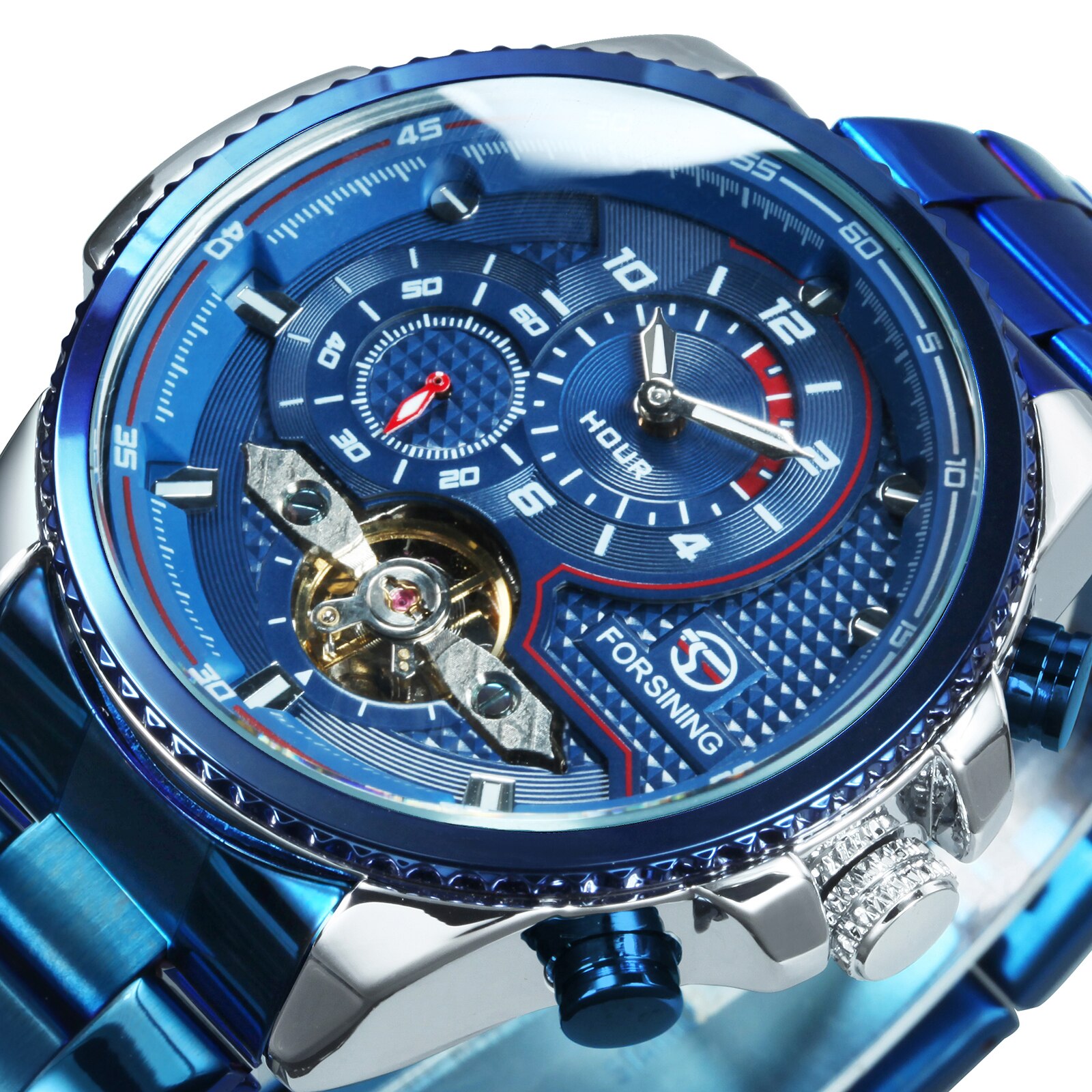 Blue Tourbillon Watch for Men featuring a stainless steel band and elegant blue dial, showcasing luxury and craftsmanship.
