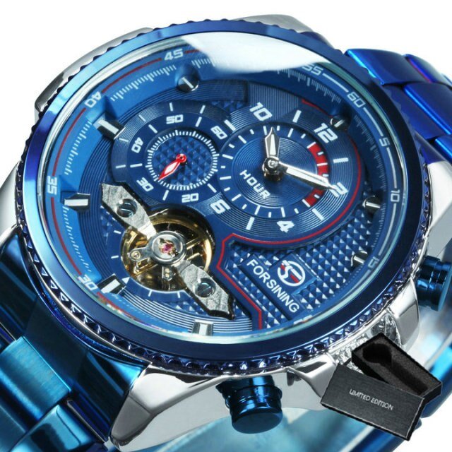 Blue Tourbillon Watch for Men featuring a stainless steel band and elegant blue dial, showcasing luxury and craftsmanship.