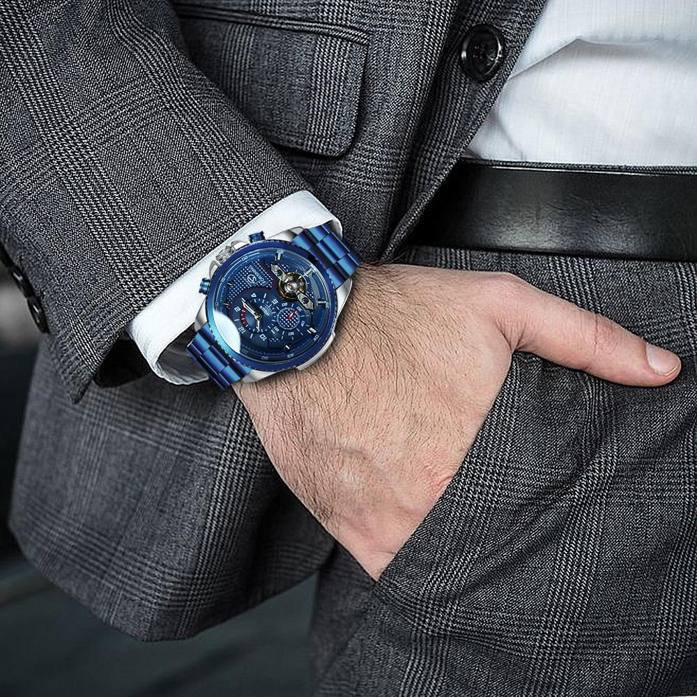 Blue Tourbillon Watch for Men featuring a stainless steel band and elegant blue dial, showcasing luxury and craftsmanship.