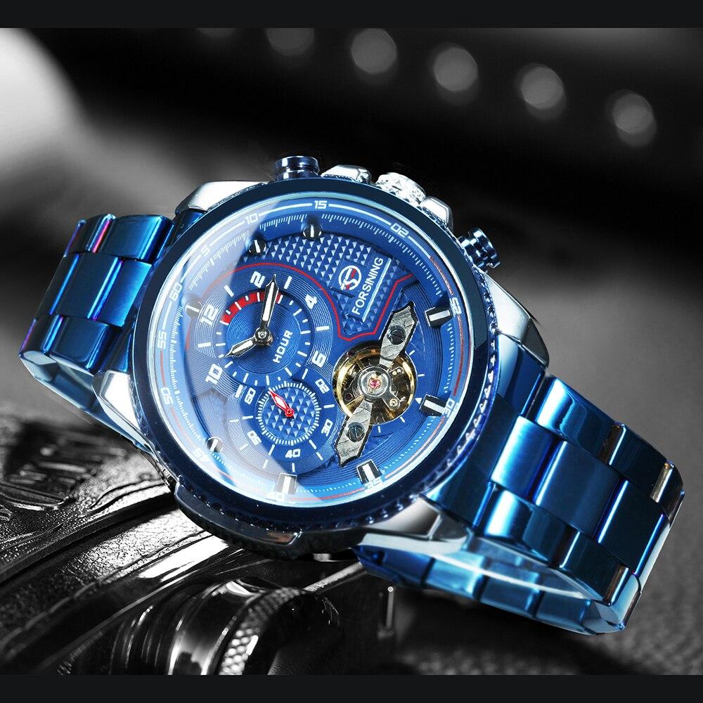 Blue Tourbillon Watch for Men featuring a stainless steel band and elegant blue dial, showcasing luxury and craftsmanship.
