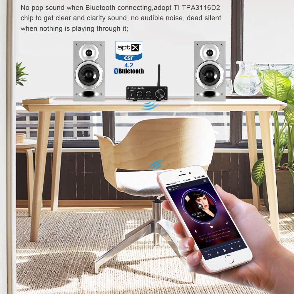 Bluetooth 4.2 Power Sound Amplifiers Subwoofer Amplifier with sleek design and connectivity options for home theater.