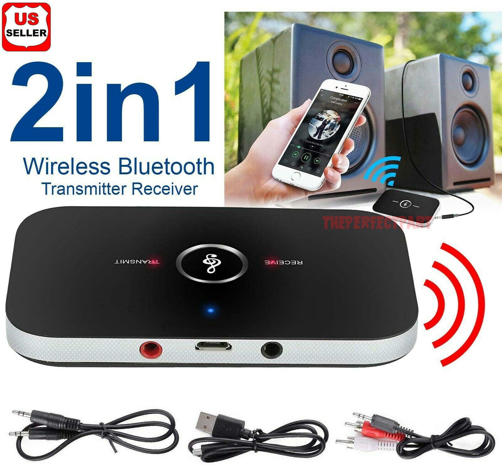 Bluetooth 5.0 Transmitter Receiver 2 IN 1 Wireless Audio Adapter with 3.5mm jack, showcasing its sleek design and connectivity options.