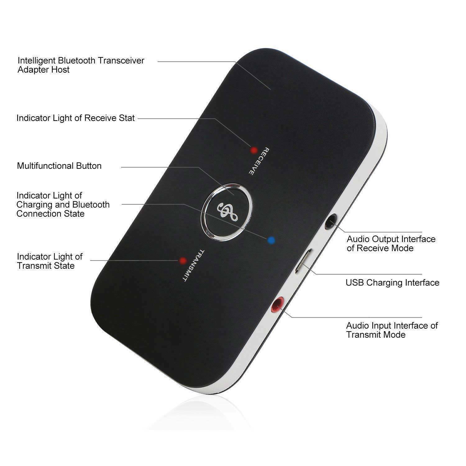 Bluetooth 5.0 Transmitter Receiver 2 IN 1 Wireless Audio Adapter with 3.5mm jack, showcasing its sleek design and connectivity options.