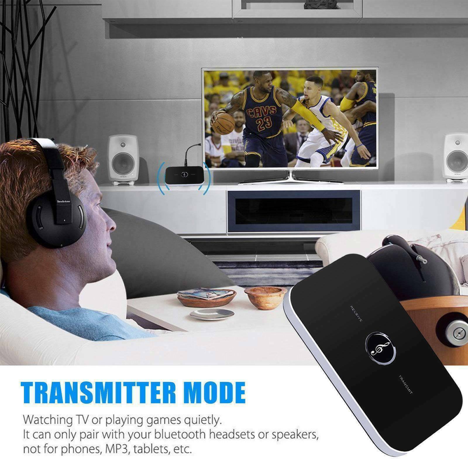 Bluetooth 5.0 Transmitter Receiver 2 IN 1 Wireless Audio Adapter with 3.5mm jack, showcasing its sleek design and connectivity options.