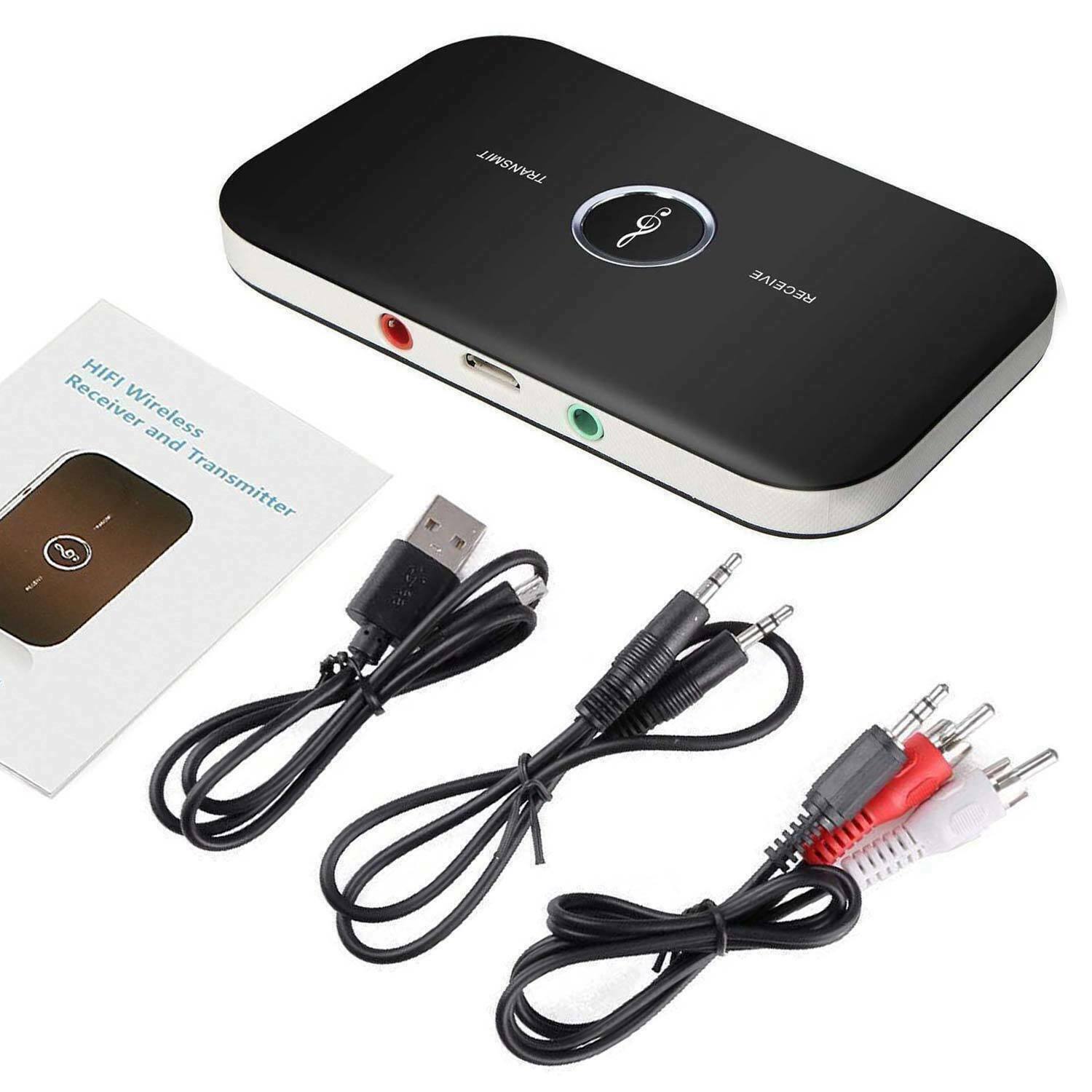 Bluetooth 5.0 Transmitter Receiver 2 IN 1 Wireless Audio Adapter with 3.5mm jack, showcasing its sleek design and connectivity options.