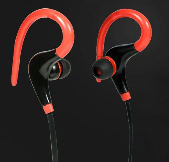 Red Bluetooth earphones with ear hook design, showcasing sleek and modern style.