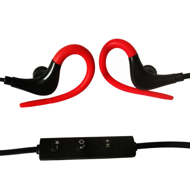 Red Bluetooth earphones with ear hook design, showcasing sleek and modern style.