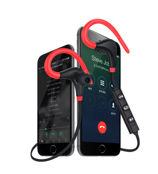 Red Bluetooth earphones with ear hook design, showcasing sleek and modern style.