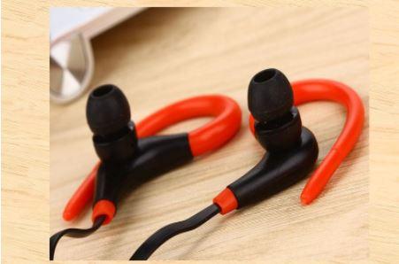 Red Bluetooth earphones with ear hook design, showcasing sleek and modern style.