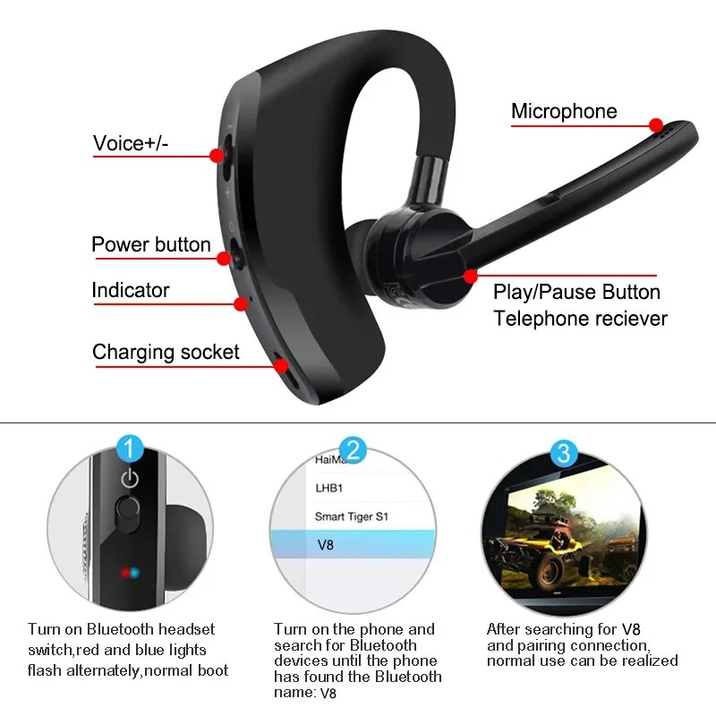 Bluetooth Earpiece Wireless Headset with noise cancelling technology, designed for hands-free calling and comfort.