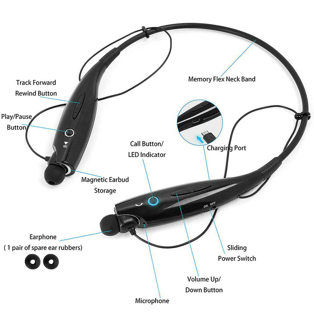 Bluetooth Neckband Wireless Headphones with Mic, showcasing ergonomic design and sleek black finish.