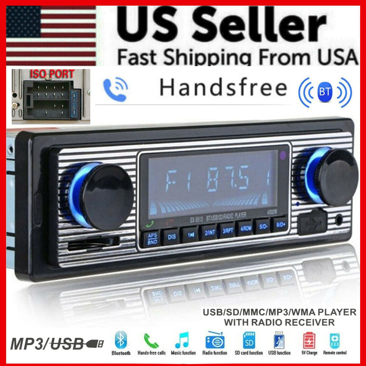 Bluetooth Vintage Car FM Radio MP3 Player with USB and AUX inputs, featuring a classic design and modern functionalities.