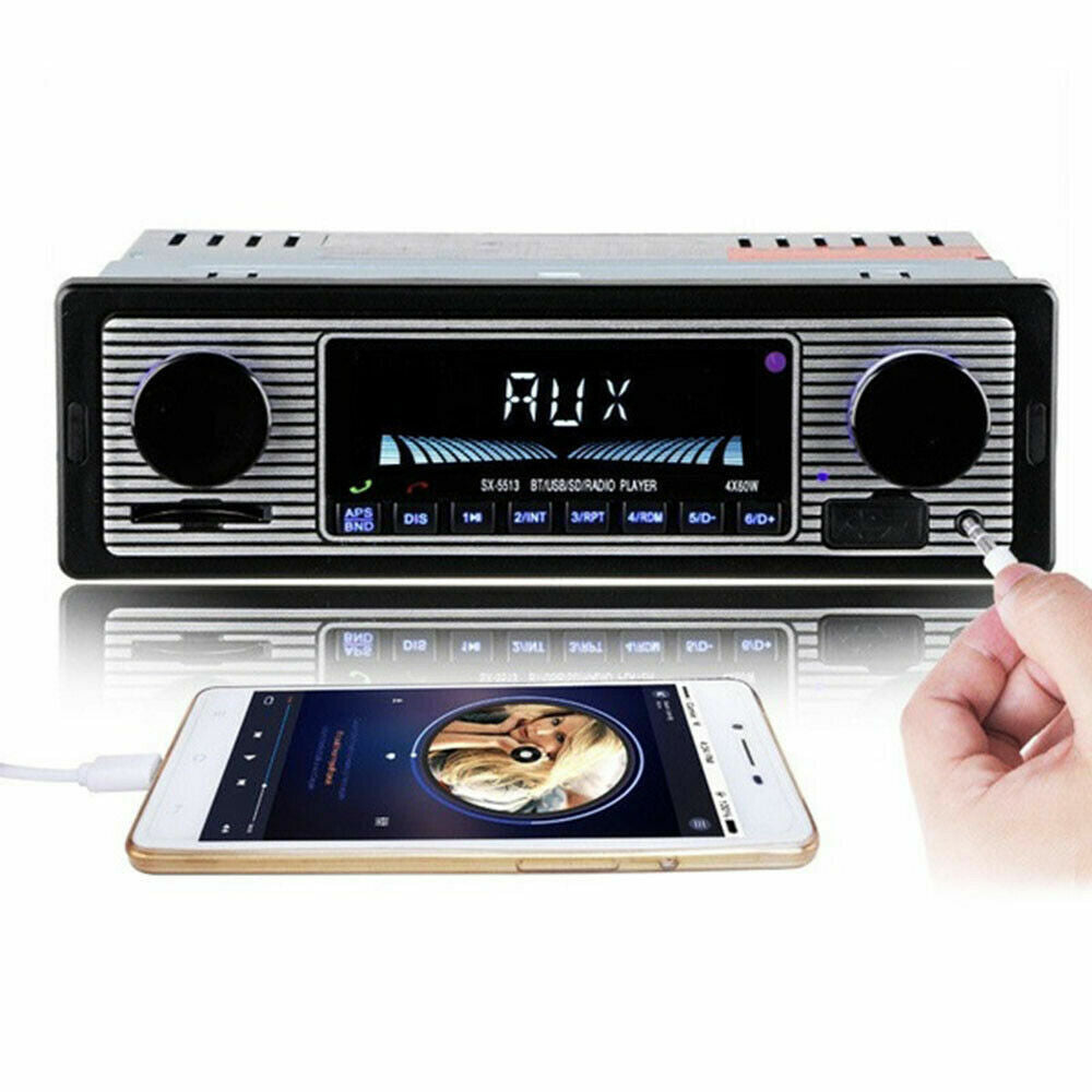 Bluetooth Vintage Car FM Radio MP3 Player with USB and AUX inputs, featuring a classic design and modern functionalities.