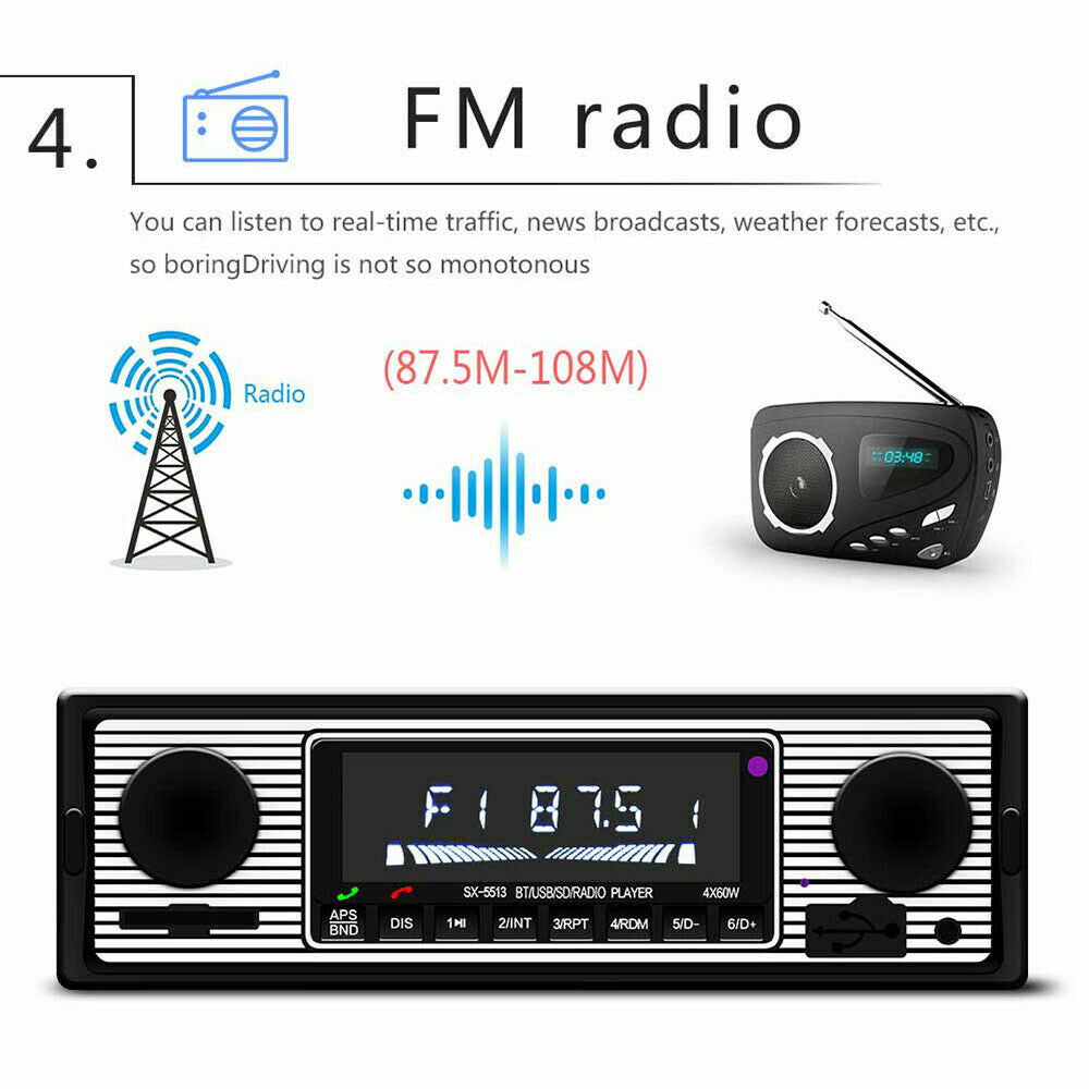 Bluetooth Vintage Car FM Radio MP3 Player with USB and AUX inputs, featuring a classic design and modern functionalities.