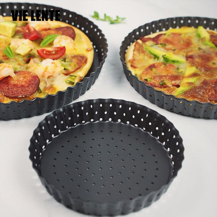 BM1075 Perforated Pizza Pan made of high carbon steel with non-stick coating, featuring a detachable base and honeycomb design for even baking.