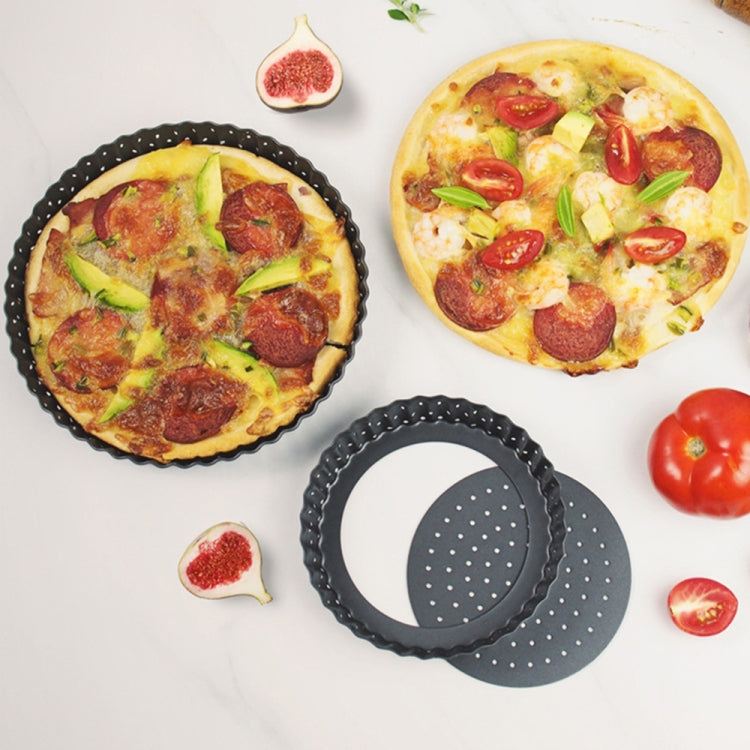 BM1075 Perforated Pizza Pan made of high carbon steel with a non-stick coating, featuring a detachable base and precision honeycomb design.