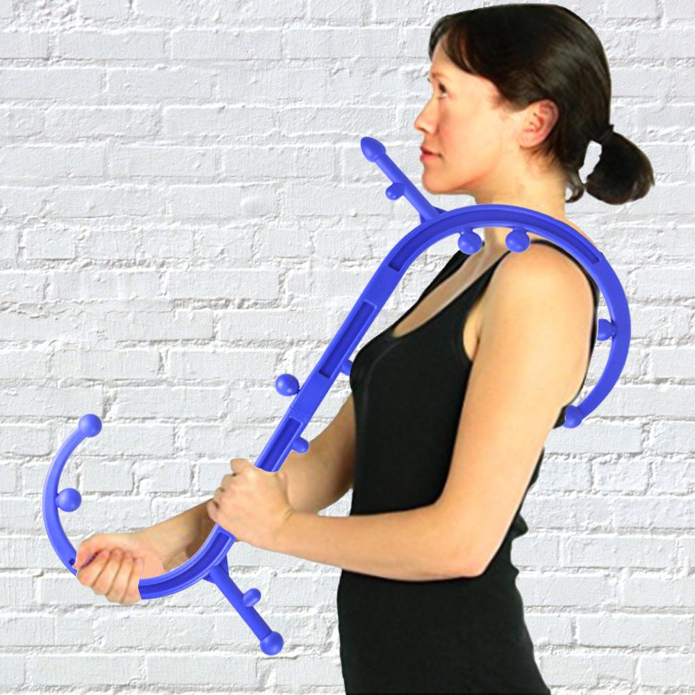 Body Trigger Point Self Therapy Massage Tool in blue, S-shaped design for back and neck acupressure.
