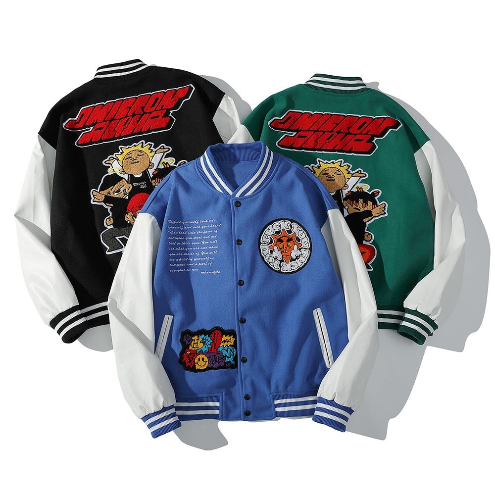 Men's bomber jacket featuring cartoon comics and patches, perfect for high street hip hop style.