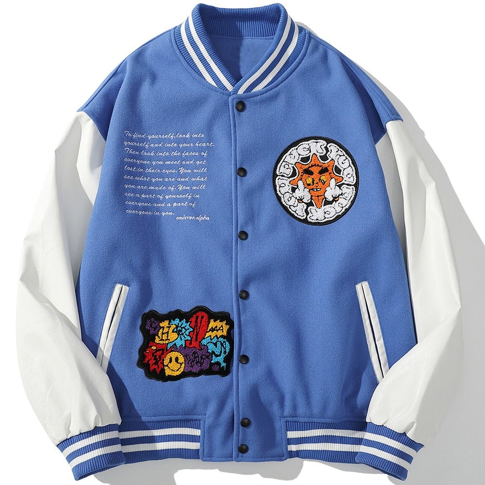 Men's bomber jacket featuring cartoon comics and patches, perfect for high street hip hop style.