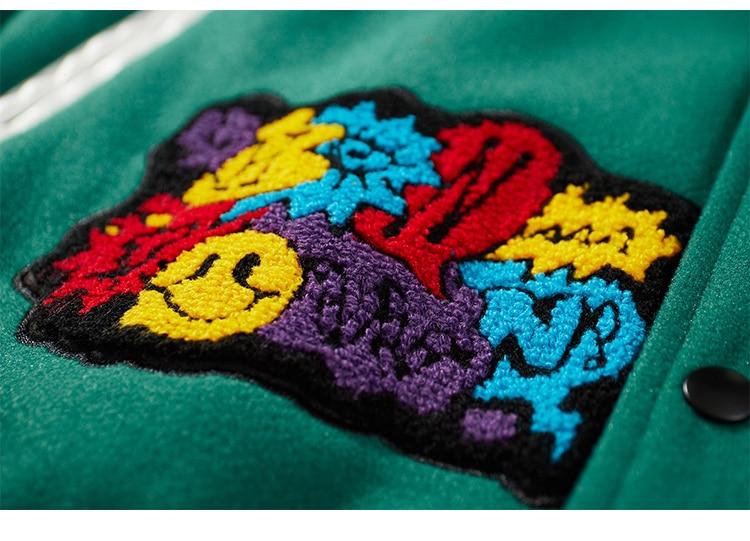 Men's bomber jacket featuring cartoon comics and patches, perfect for high street hip hop style.