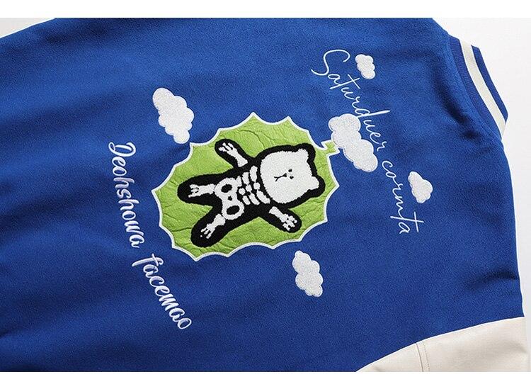 Men's bomber jacket featuring furry patchwork and bear skeleton design, perfect for autumn and winter streetwear.