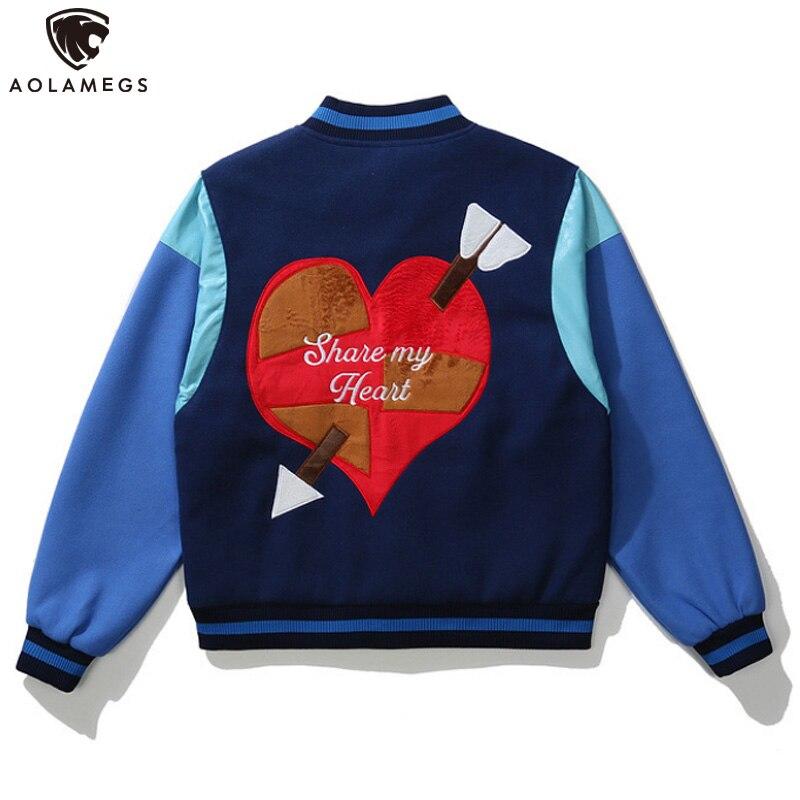 Men's bomber jacket featuring heart-shaped patch and letter embroidery, stylish patchwork design for autumn and winter wear.