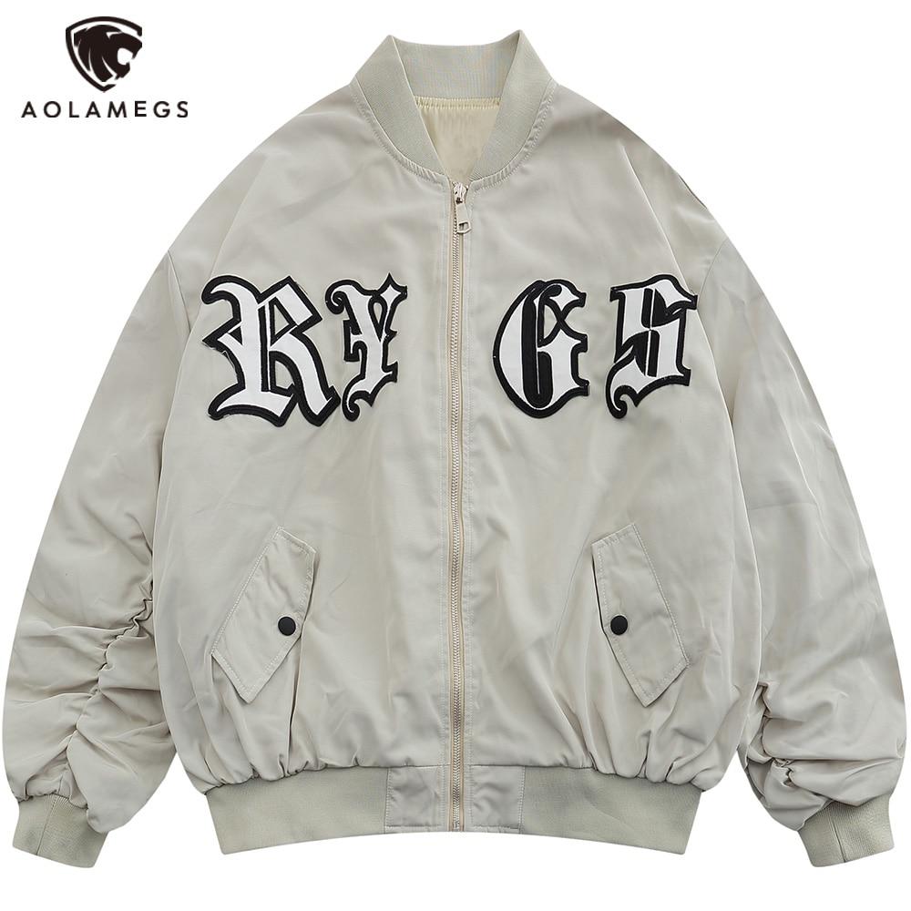 Men's bomber jacket featuring punk letter patches and pleated cargo design, ideal for autumn wear.