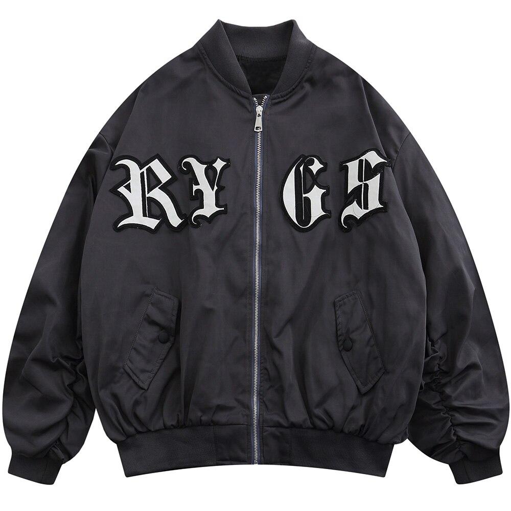 Men's bomber jacket featuring punk letter patches and pleated cargo design, ideal for autumn wear.