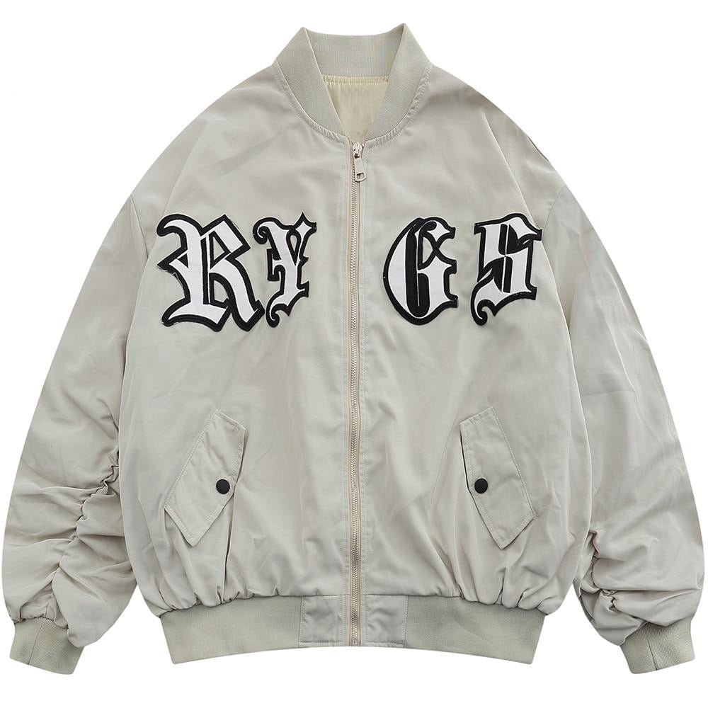 Men's bomber jacket featuring punk letter patches and pleated cargo design, ideal for autumn wear.