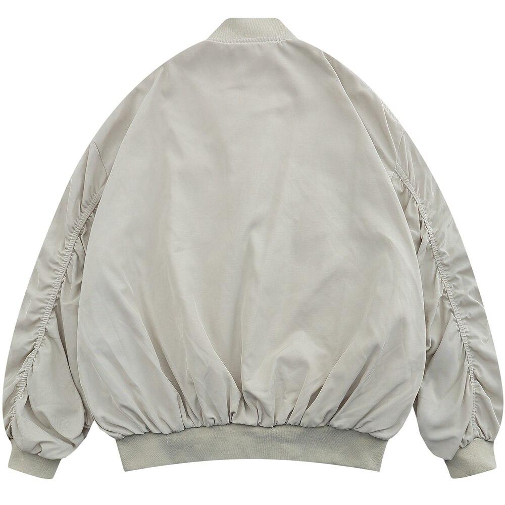 Men's bomber jacket featuring punk letter patches and pleated cargo design, ideal for autumn wear.