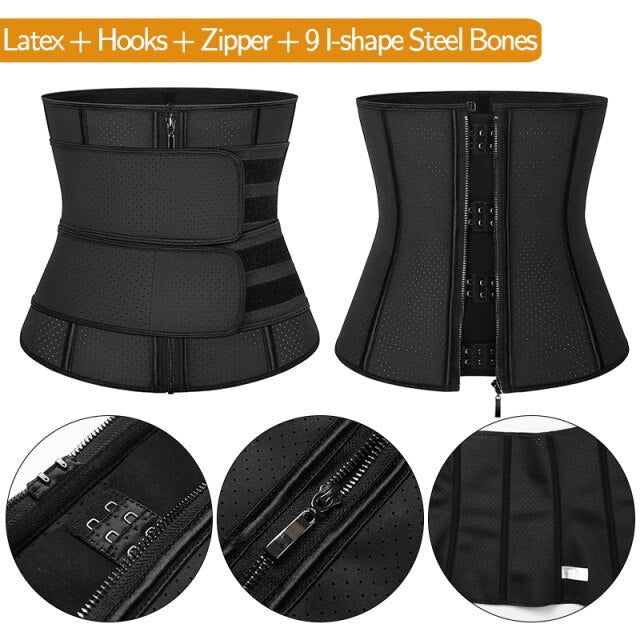 Boned Latex Waist Trainer Corset for Women, designed for weight loss and body shaping, featuring a sleek design and comfortable materials.
